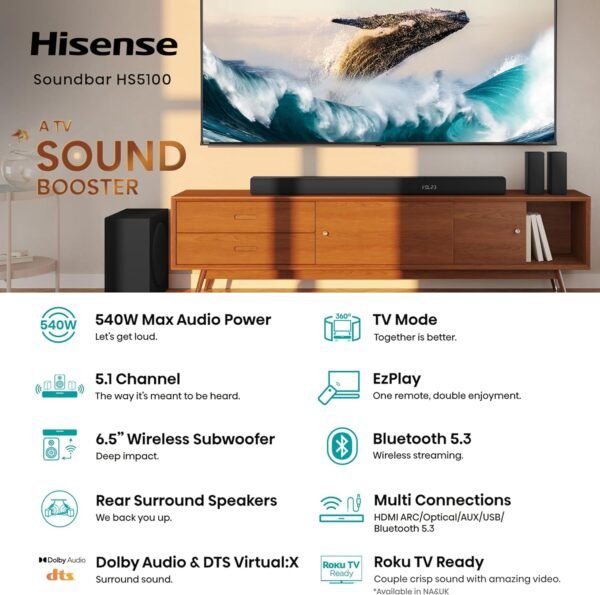Hisense HS5100 5.1Ch Sound Bar Review High-Performance Audio with Wireless Subwoofer
